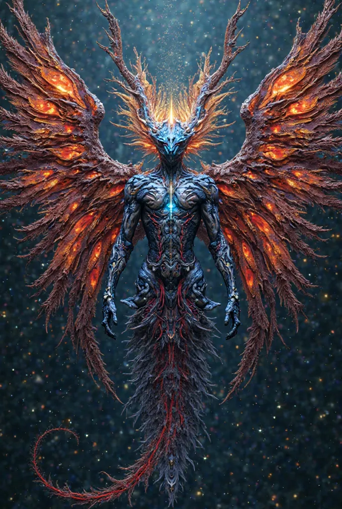 Concise Core (Minimal Connectors):
"Hyper-dimensional being: angel demon dragon cybernetic litch fusion. Fractal horns bloom celestially. Dark matter flesh luminous Kintsugi filigree. Crimson (passion) blue (wisdom) eyes. Voidbyss groin reality warping. Co...