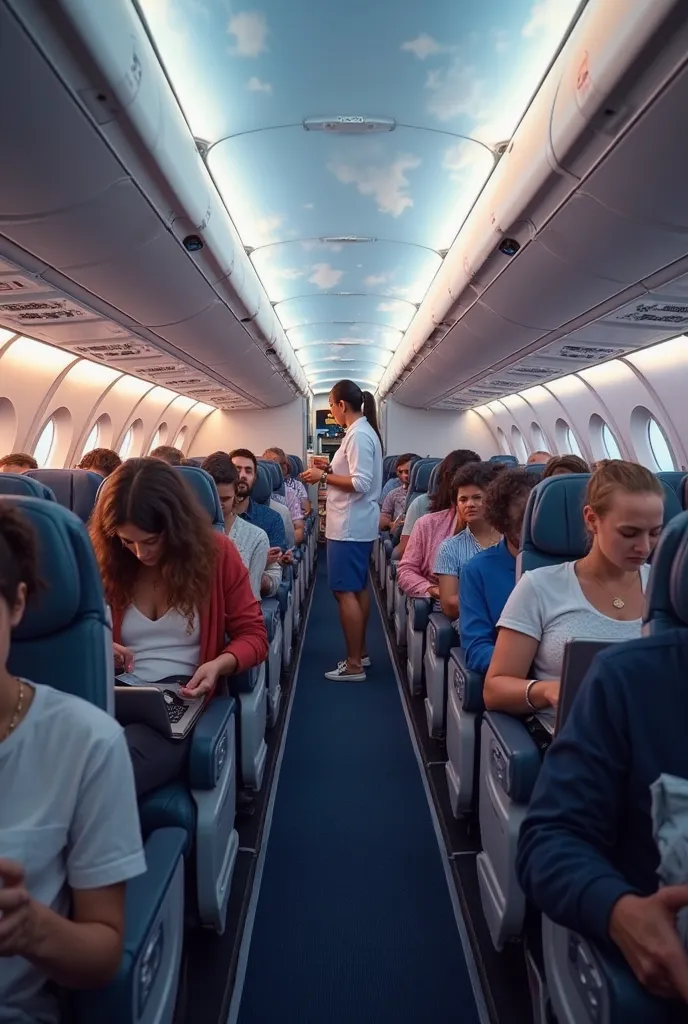 A highly realistic and detailed image of the interior of a commercial airplane. Passengers are seated in their rows, some reading, others using laptops or watching in-flight entertainment screens. A flight attendant is walking down the aisle serving refres...