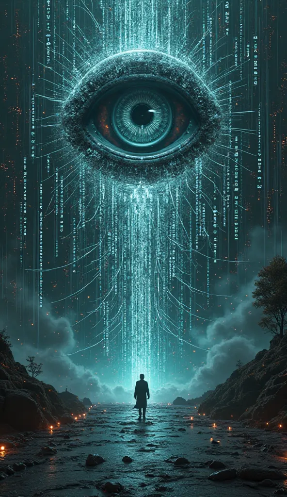 A futuristic setting with digital codes and a giant eye in the center, representing “total control”. Among the numbers, , 666 stands out on a dark screen.