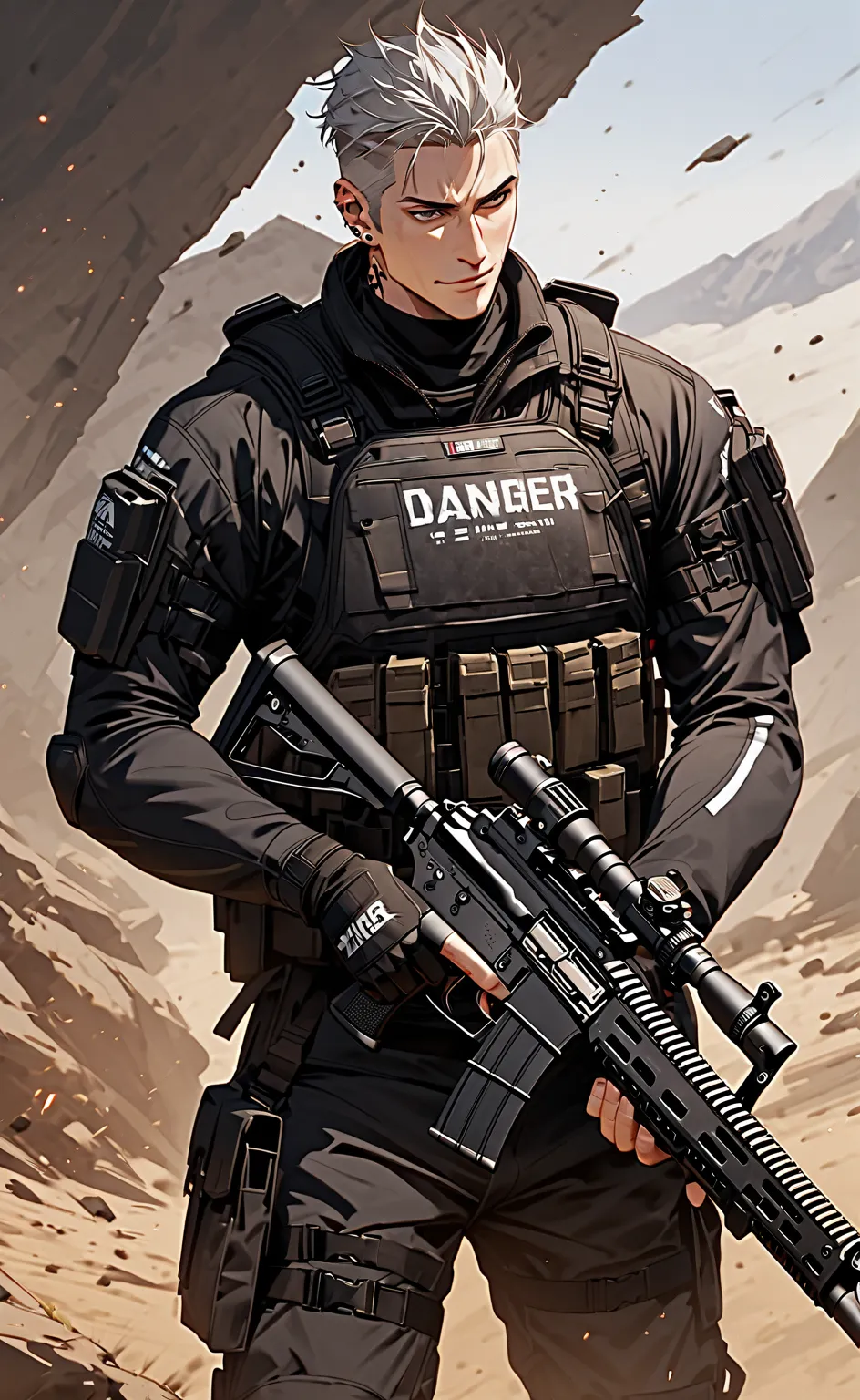 Create a male Canadian special forces operative in full tactical gear. He is 6'3" with a muscular and broad build. His ashy, silver-grey hair is shaved on the sides with a longer, slightly tousled top. His piercing silver-grey eyes exude intensity and a hi...