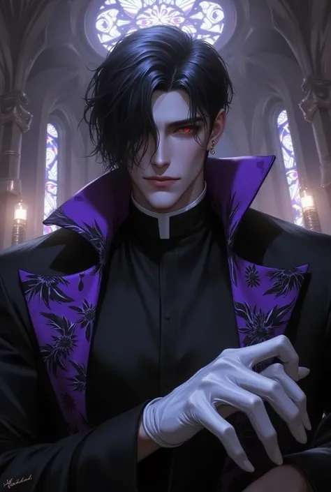 man with dark skin, black hair cut low around the back with a long fringe covering his left eye, dressed in a priest's outfit, red eyes, white gloves, purple clerical stole, look of superiority and sarcastic smile, inside a church