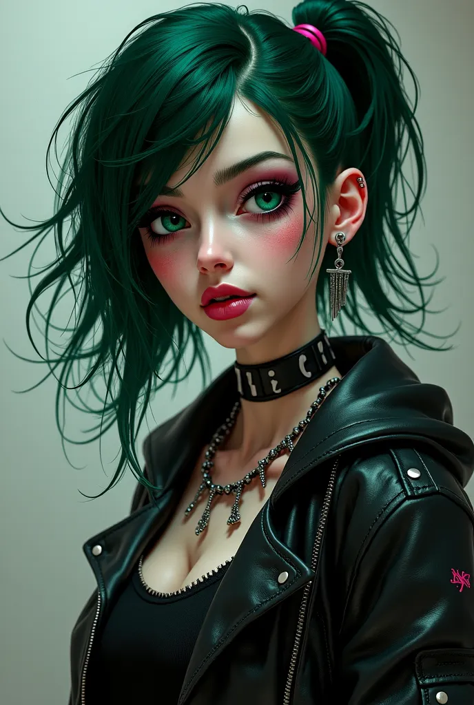 2d girls,with dark green eyes,with dark green hair,with piercings on her ears,in black punk clothes,dark make-up