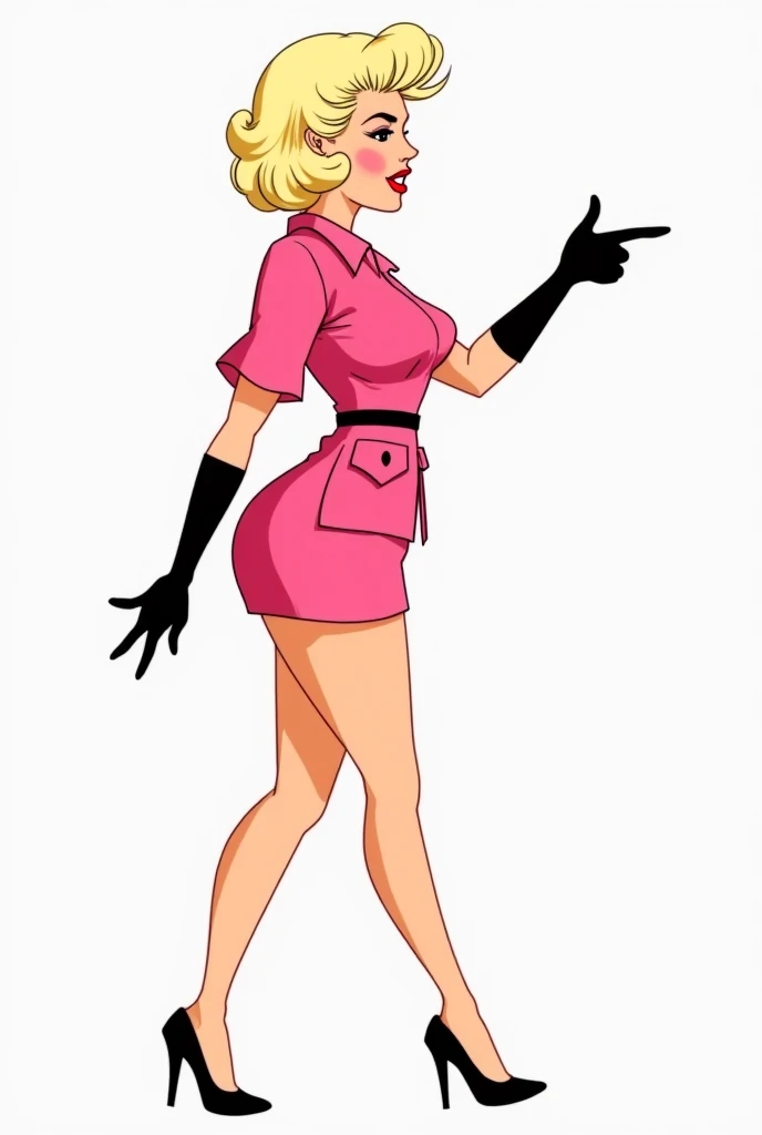 Side view of a manga-style drawing of a plump, luxurious Marilyn Monroe hair-styled woman pointing walking in a pink short-sleeved suit and very short miniskirt, wearing black high heels and long gloves that reach down to her shoulders.