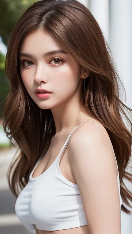 Best Quality, masterpiece, 8k,  Ultra High Resolution , (realistic: 1.4), 1 girl, beautiful face, symmetrical eyes, ((Big Breasts:1.6、 Golden Ratio Body Shape)), ((long hair))、((brown hair:1.5)), tight super mini skirt、(( white cropped tank top:1.4)), view...