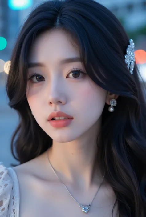 Super detailed body, super detailed face, best quality, close-up, beautiful Korean female model upper body, fair skin, pretty face, brown eyes, Pretty Face，Brown eyes .Crystal Hair Clip ，Silver Crystal Necklace，SILVER CRYSTAL ORNAMENT，Night Sky，Open，night，...