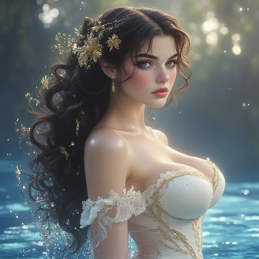 A FULL BODY IMAGE OF AN EXTREMELY BEAUTIFUL WOMAN, with European features ((Arabs)), long black hair, laceo, silky,  sapphire blue eyes, blushed cheeks, shiny skin, white skin, big breasts, Curvas de goddess, wearing a beautiful DELICATE VINTAGE WHITE DRES...