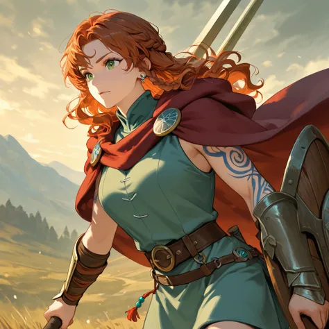 A fierce Celtic warrior princess with piercing green eyes and long, wavy auburn hair braided with small beads. She wears a woolen tunic in earthy tones, secured with a decorated belt, and a fur-lined cloak draped over her shoulders. Intricate blue woad tat...