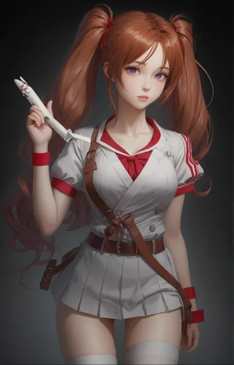 Japanese manga style girl。
 reddish brown hair（twin tails tied with red ribbons）
purple eyes
white blouse
navy blue sailor jacket（with white piping and silver buttons）
red pleated skirt
white thigh high socks（Red lined ）
red and gray high-tech boots
brown ...