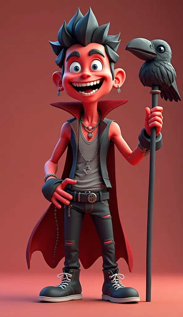 A young male 3d cartoon character vampire with red skin, dressed as a rock singer, a staff with a head crow in top in his left hand his expression is one of great joy. solid color background.