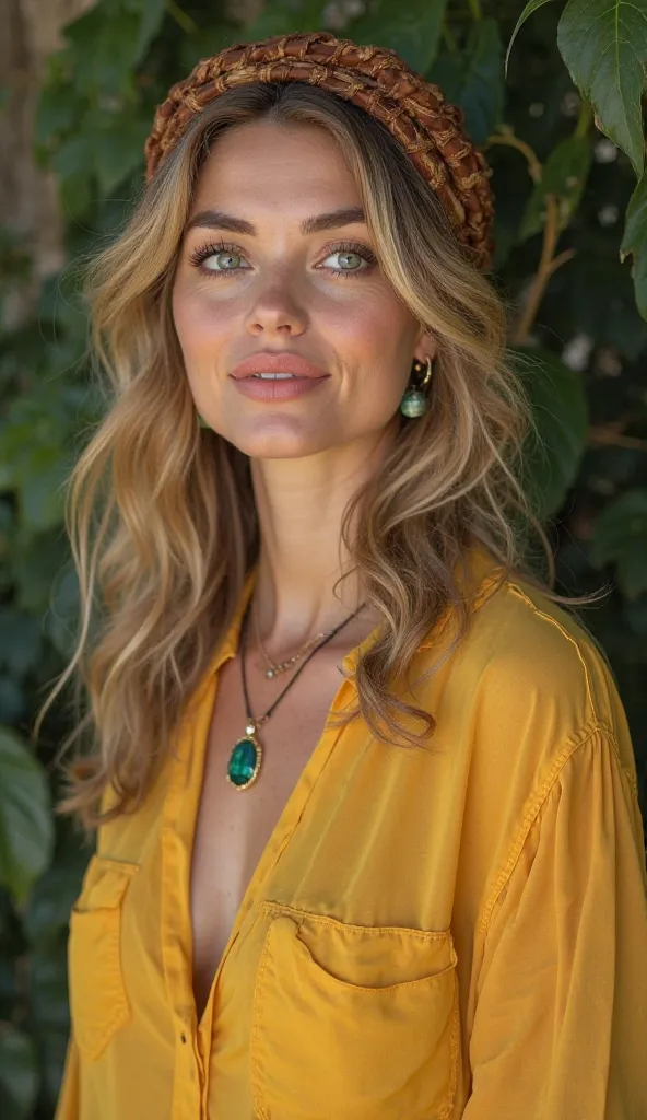 ●Beautiful woman .
● "ATTORNEY AND MENTOR
● dark blond hair,
●."WEAR A CLEAR yellow blouse, designer,  SLEEVELESS RINGS 
● she wears delicate jewelry  "AND A NECKLACE WITH AN EMERALD CRUCIFIX " AND 2 DELICATE"
•●SHE WEARS A "BROWN gypsy scarf on your hair
...