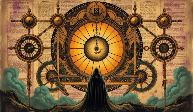 A complex, intricate mechanical clockwork design featuring interlocking gears and orbs, predominantly in warm browns and golds. The background includes faded written text, adding a vintage flair. In the foreground, a shadowy figure in dark robes appears to...