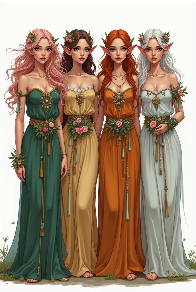 A highly detailed, full-body fantasy illustration in a cartoon style of four identical twin sisters, all eladrin druids, each embodying a different season. They share the same ethereal facial features, pointed ears, and slender physique, but their hair, ey...