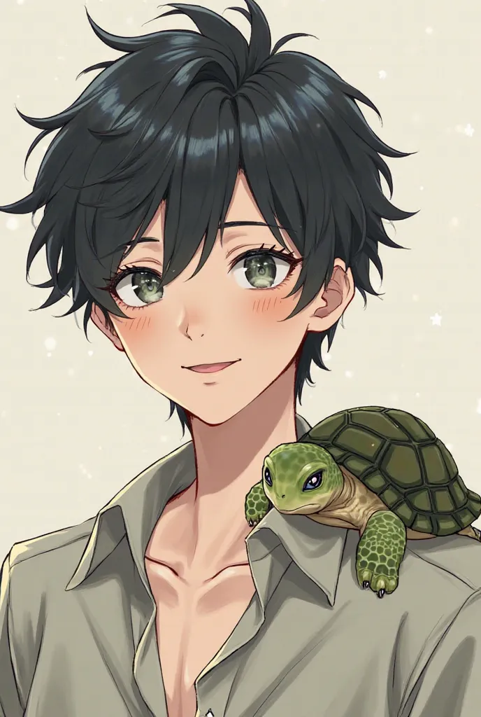 Young man with short hair、{{There&#39;s a turtle on my shoulder}}、Black Hair, Best Quality, masterpiece, Disheveled Hair, smile, Three white eyes, Character design drawings, Sea-like、Turtle Hair Accessories、Ultra delicate