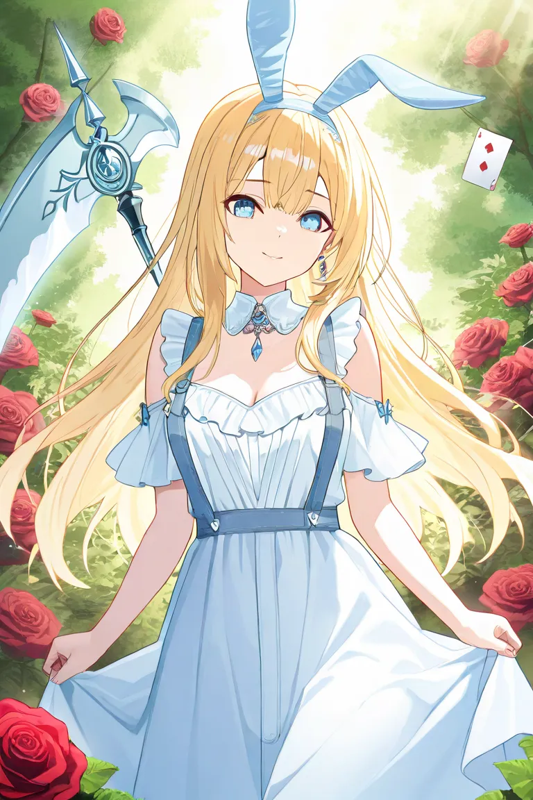 Best Quality,  Ultra High Resolution、(( girl))、 small tits、a garden with lots of red roses、 holding a big scythe 、long blonde hair, blue eyes,Bunny ears、Rabbit、Alice、 blue headband、 PLAYING CARD 