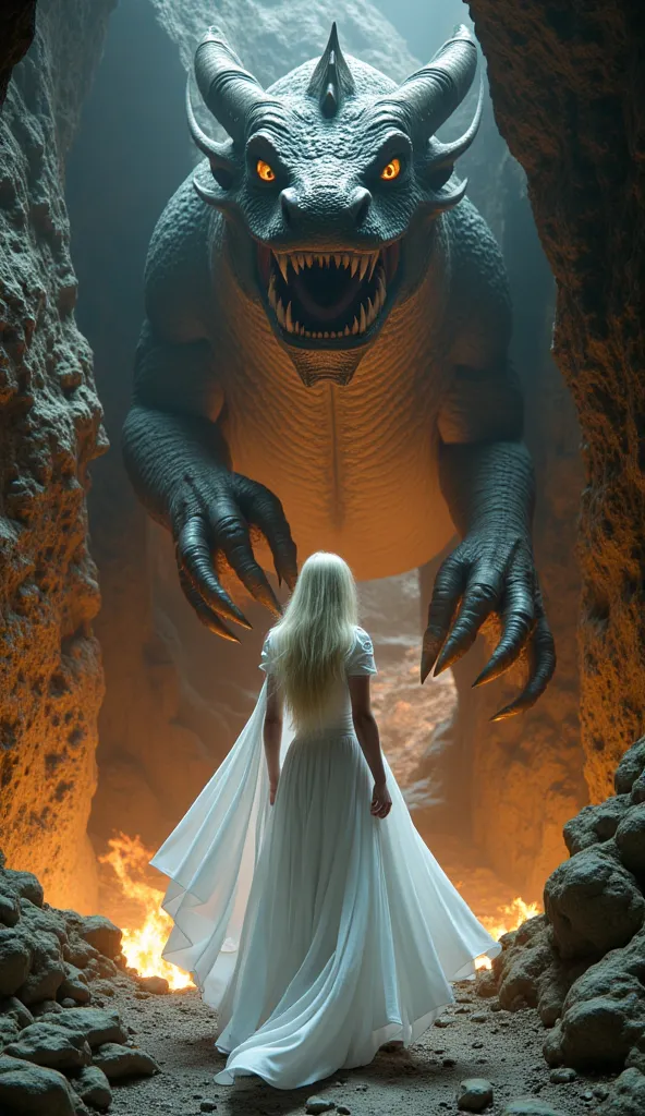  wearing a white dress ， silver-haired woman, long white hair, Clinging tightly to their giant adult dragon&#39;s claws. They found themselves in a huge cave..，There&#39;There's fire burning inside