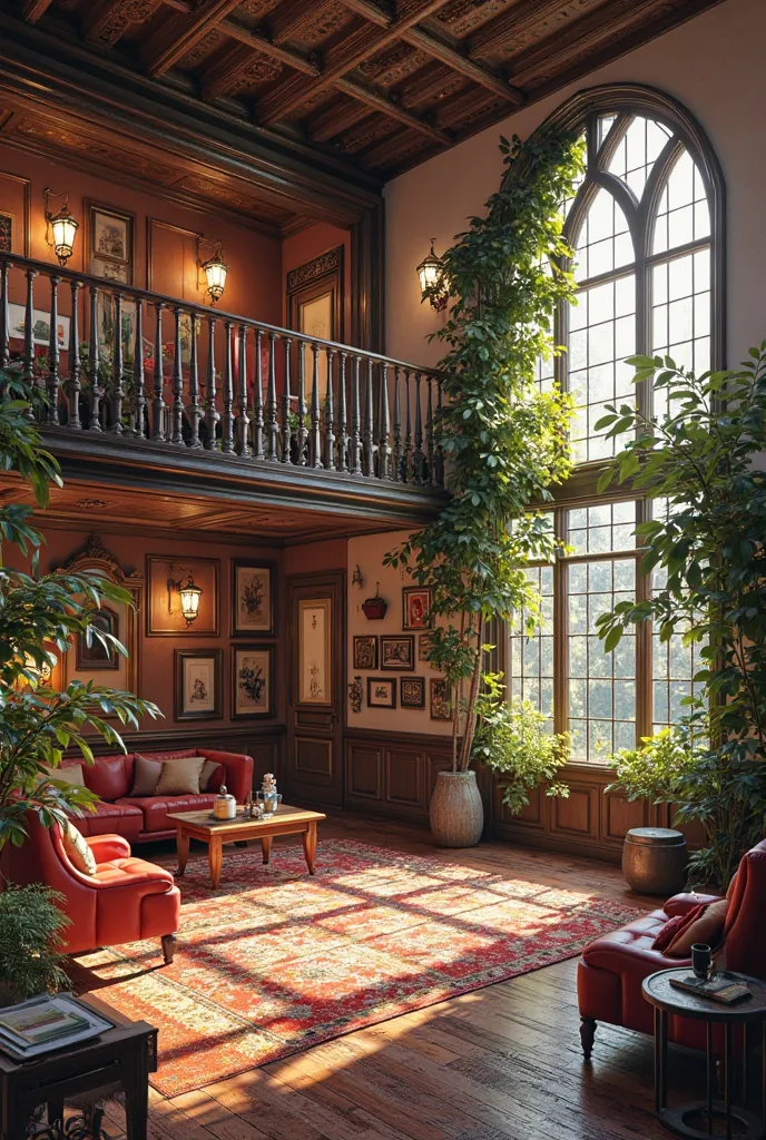 A detailed rendering of the interior of a 2-level house with a colonial language, composed of Gothic windows, tile roof and colorful finishes