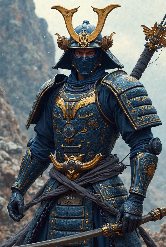 Generate a samurai with a bow wearing dark blue armor with sharp golden ornaments like cow horns on the left and right sides of the helmet, and the shoulders rise like Gundam