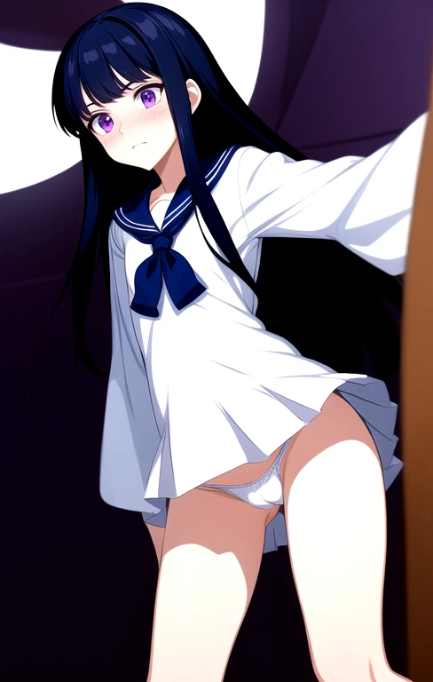 **********************, 8 *********, flat chest,   black hair, long hair, purple eyes, embarrassed expression（1 person）  white sailor suit on the upper body ,   the lower half is a navy blue mini skirt　 white panties （（show her panties）） white socks　  take...