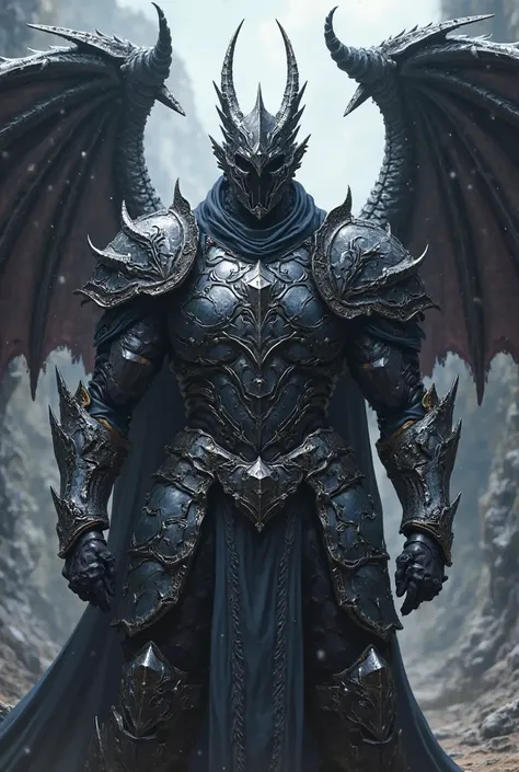 Anime dark silver armor with a helmet that completely covers the face of the wearer with dragon wings on the back anime style dxd 