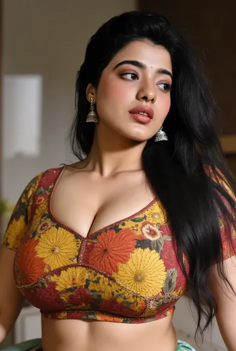 A woman with long dark hair wearing a colorful saree, leaning forward with her hands on her large breasts, downblouse creating a deep cleavage, extremely detailed face, beautiful detailed eyes, beautiful detailed lips, extremely detailed skin texture, intr...