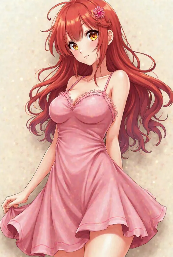 An anime girl with long wavy red hair, yellow eyes with red and a chubby body, wide hips, big legs and a wavy pink dress. 