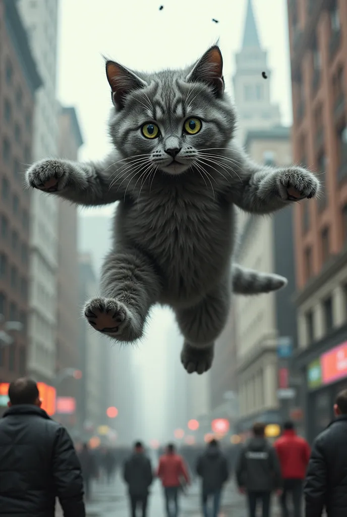 The giant gray kitten, now in full superhero mode, leaps from a building to save a group of civilians from an incoming disaster. His claws extend as he catches falling debris and shields the helpless humans beneath him. His green eyes are focused and deter...