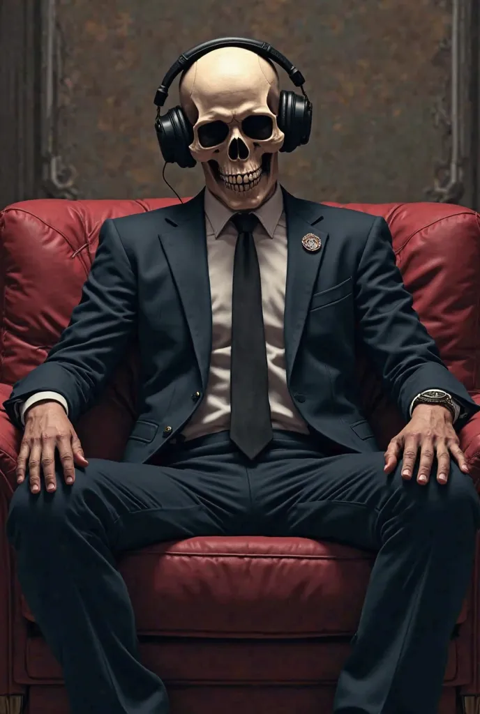 there is a man in a suit and a skull mask sitting on a couch, his head is a skull, payday 2, skeleton in a suit, dark suit, skull on the screen, as the protagonist of gta 5, background artwork, hq 4k phone wallpaper, top floor boss shit, he has headphones,...