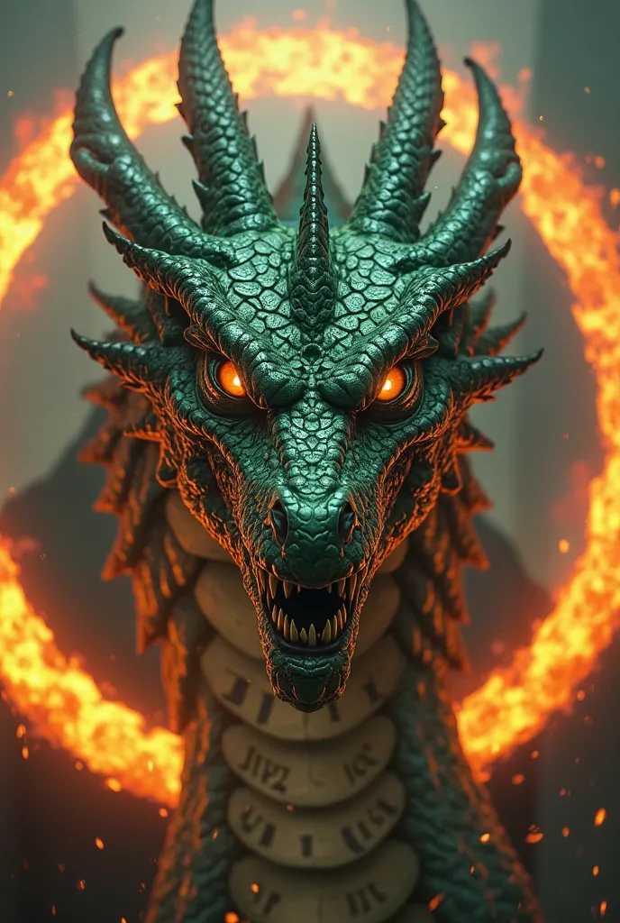 a dark green dragon with bright yellow eyes, evil face, Around the neck the name JOSÉ GREGORIO HERRERA and rings of fire around the dragon's neck 