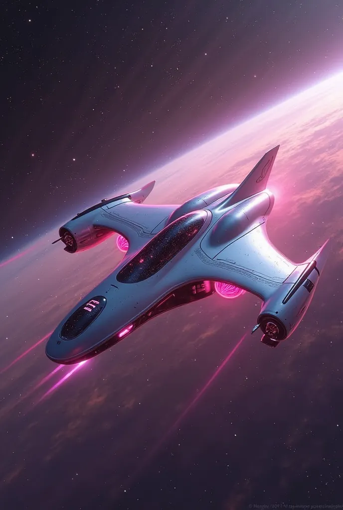 A futuristic space combat aircraft with an aerodynamic and elegant design, inspired by graceful feminine shapes and soft curves. The fuselage has flowing lines and shiny metallic details that reflect starlight. The lighting in shades of pink neon and purpl...