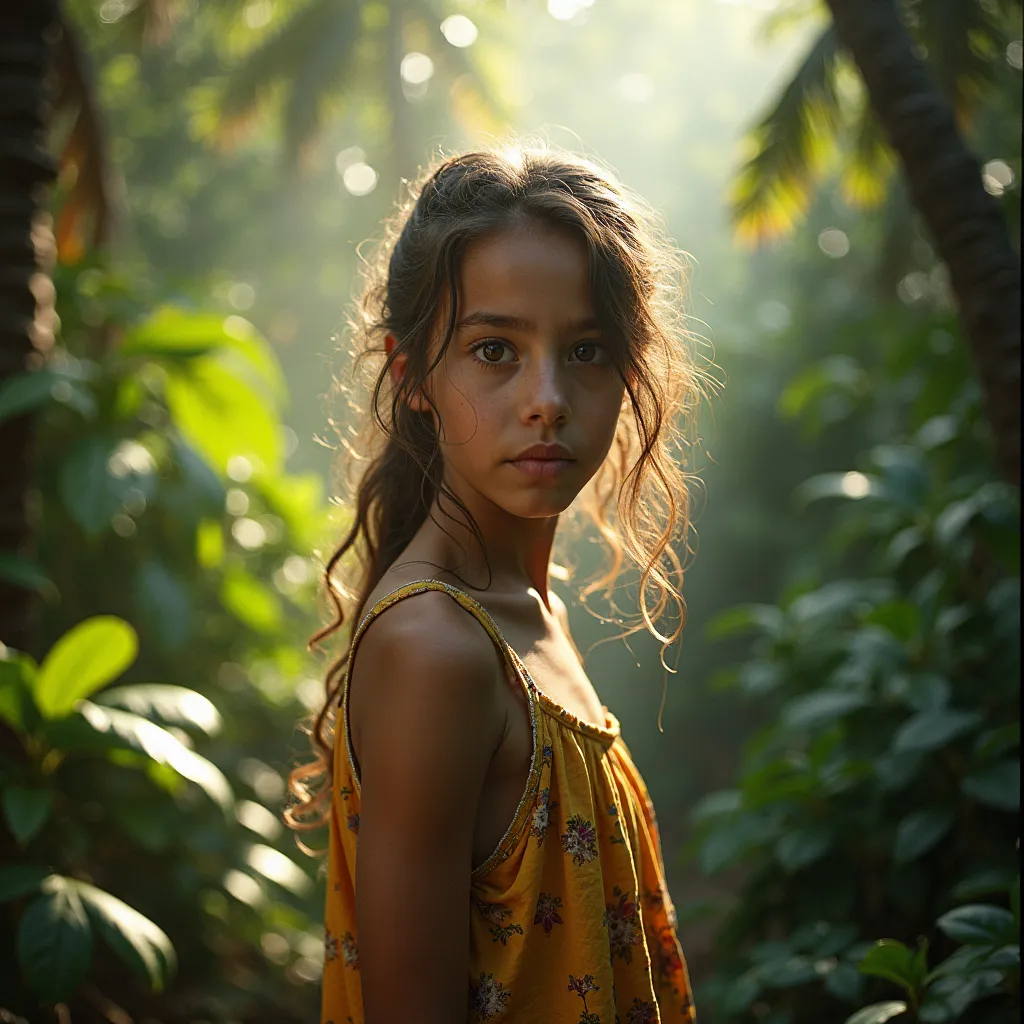 This is a wide-angle shot of a young girl. She poses with confidence. This photograph was taken with the Canon EOS 5D Mark IV, wildlife photography with natural lighting, in a maximalist, hyperrealistic and dynamic approach, art by Ilya Kuvshinov, in the s...