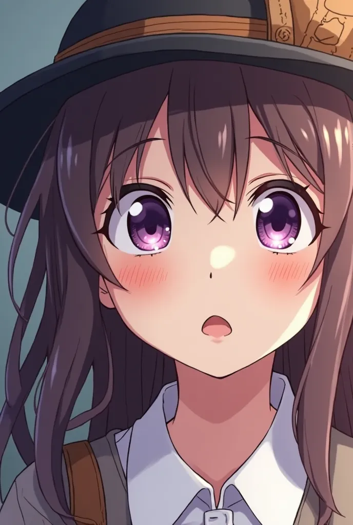 anime girl with purple eyes and a black hat with a brown bag, anime visual of a cute girl, anime moe artstyle, anime best girl, close up iwakura lain, she has a cute expressive face, misato katsuragi, shuushuu anime image, iwakura lain, nagatoro, yuyushiki...