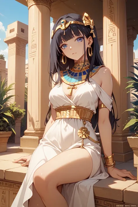  1girl ,  gold hair ornament ,  gold earrings, solo,  gold bracelet, white dress,  Egypt, Blue Eyes, Outdoors, dark hair, watching viewers,masterpiece, Best Quality, wopen leg, Ultra High Resolution    