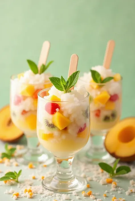 coconut popsicles with visible pieces of tropical fruit, served in glasses with a touch of mint.

