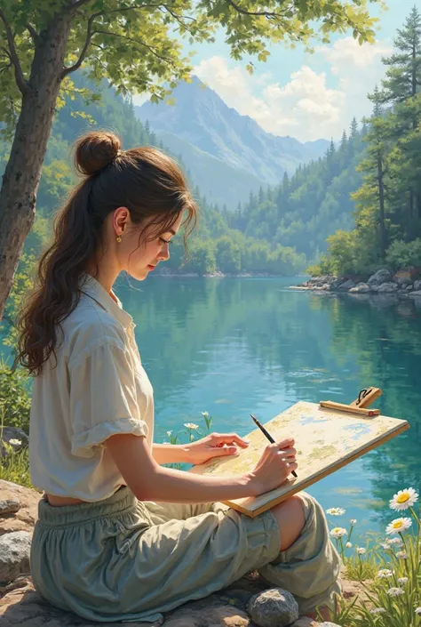 A young woman drawing paradise by the lake