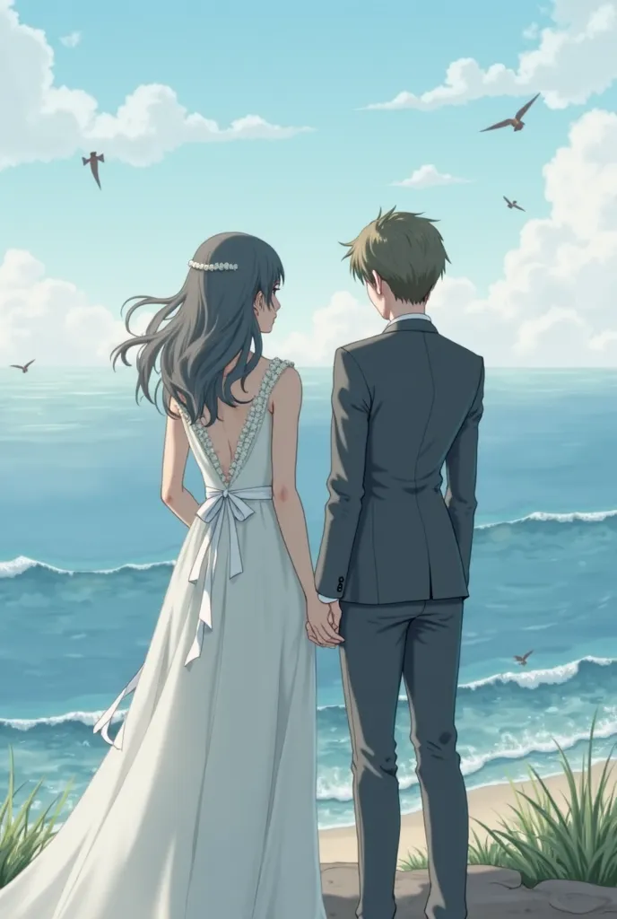 two women sitting looking out to sea one with very short hair and a suit and the other with long hair and realistic wedding dress 