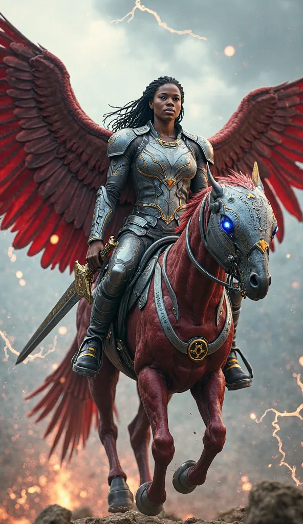 A stunningly detailed and realistic depiction of a powerful hybrid warrior, the fusion of Falcon (Sam Wilson) and Valkyrie (Brunnhilde) from Marvel Studios. This being combines advanced technology with ancient Asgardian power, creating a majestic and fears...