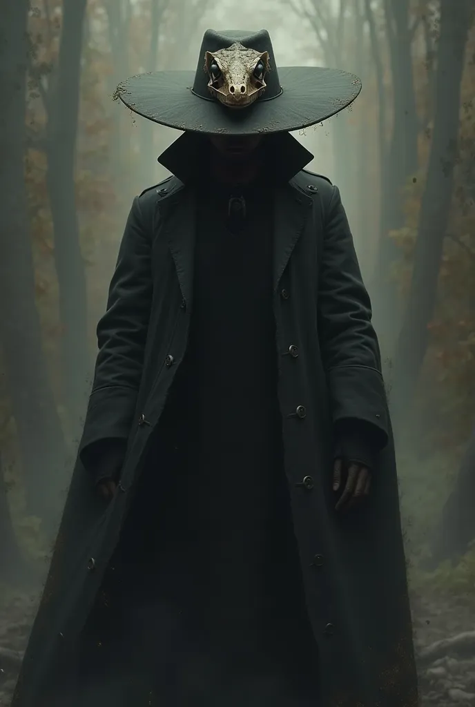 Put on a black trench coat that covers her entire body and a comboy hat with a lizard skull on it