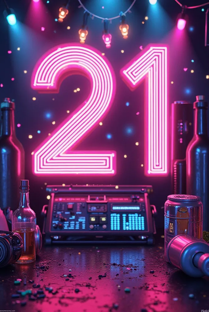 Maximalist digital poster for a girl's birthday, with a neon theme and a youth party. The design should include only the number '21' and the name 'SIDNEY' in vibrant and striking typography, focused on the upper part of the poster.Incorporate extravagant d...