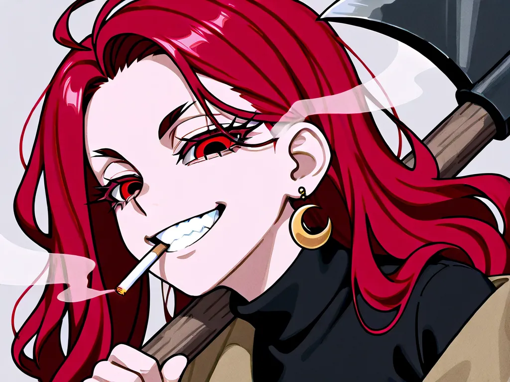 1 person

red hair
Forehead
long curtain hair
wavy hair
Middle
unkempt
asymmetrical hair
Pull out your right ear

red eyes　
smiling
droopy eyes　
Too eyebrows
Lots of eyelashes

Smoke a cigarette
I'm wearing large golden crescent earrings on both ears
black...