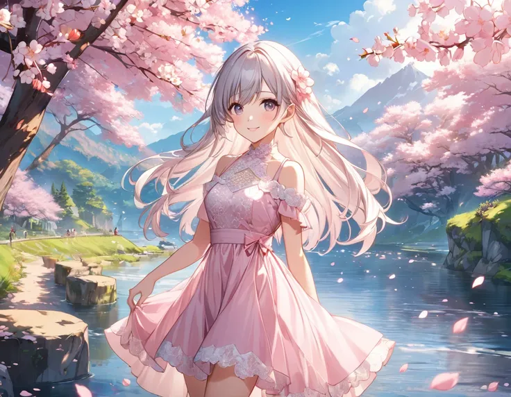 Cherry blossom trees in full bloom along the river、 silvery long hair、A beautiful girl from the anime is wearing a cherry blossom lace dress and taking a walk with a smile、  Beautiful Anime   portrait,   pink lace dress、  Beautiful Anime   girl,   Beautifu...