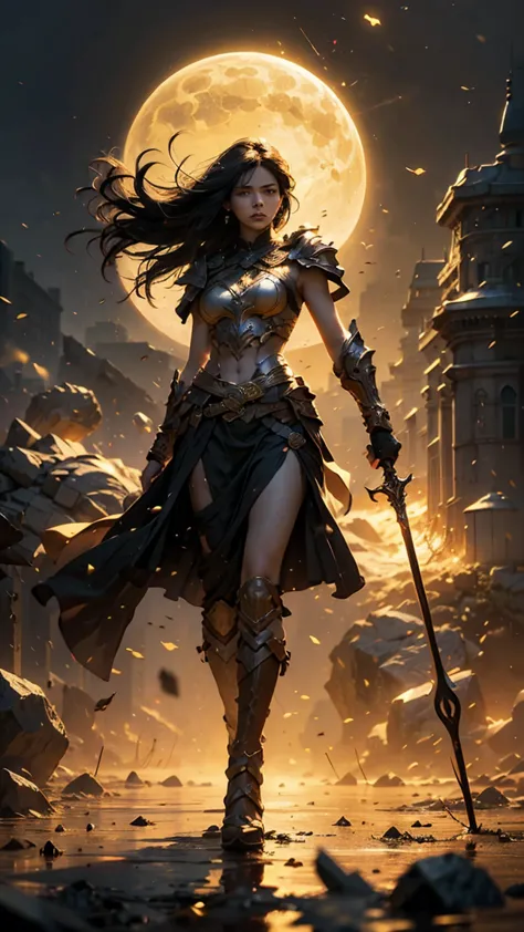 A warrior with long white hair, messed up by the wind, and intense yellow eyes. Your body is strong and toned,  but covered by an imposing stylized Spartan armor , black with gold details. She holds a spear in one hand and a shield in the other hand. She's...