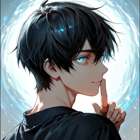 (Masterpiece,  best quality ,  Official Art,4K ,8K) ,1 boy,portrait, Handsome Man ,detailed beautiful face and eyes, short hair,  side part (1.5), round face(1.5), slight smile,  casual clothes , black clothes  black hair(1.5),over background ,simple backg...