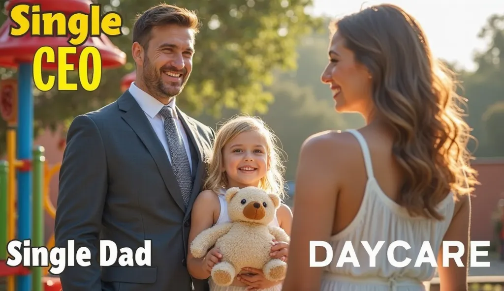 A heartwarming and romantic scene featuring a handsome, well-dressed single father, his adorable young daughter, and a beautiful woman, set in a colorful daycare playground with soft sunlight filtering through the trees. The father, wearing a stylish suit,...