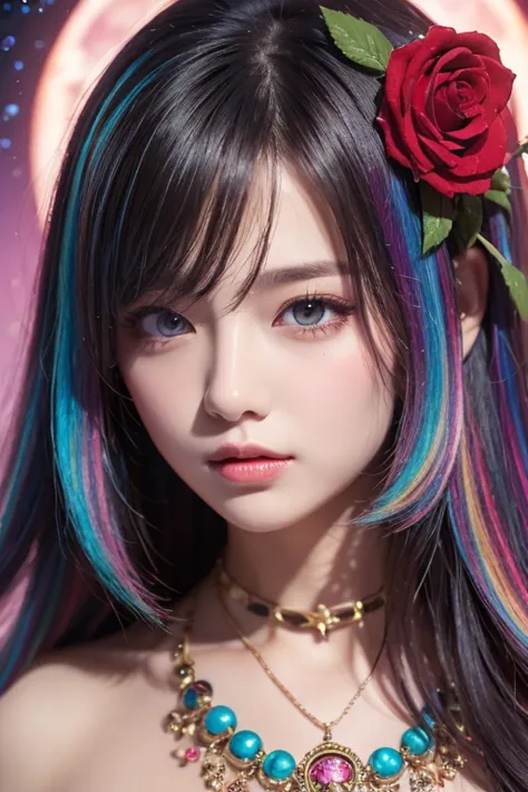 Close-up of a woman with  colorful  hair and necklace,  anime girl 、Cosmic Hair , The gentle vitality of rose roses,  Gouvez style artwork,  Fantasy Art Style ,  colorful ],  vivid fantasy style, Ross draws vibrant cartoons, cosmic and  colorful , Gwaiz,  ...