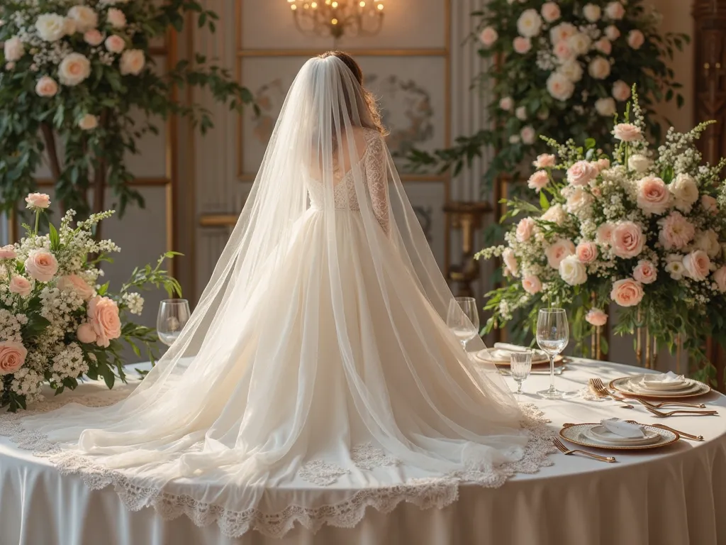 WEDDING IMAGE , where only the veil with the bride's dress and the groom's suit appear, But only those objects placed on a decorated wedding table