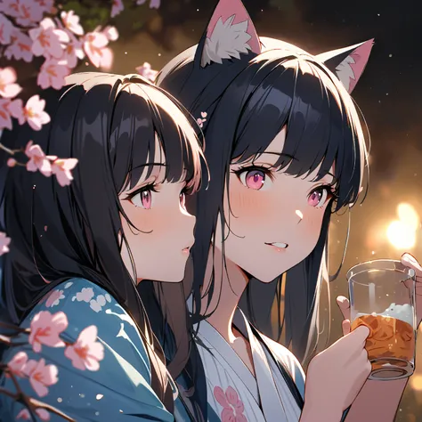 1 drunk girl, black hair straight、 light blue kimono、Cat ears、Pink eyes、night、Cherry blossoms are blooming、 Fireflies are dancing 、 straight、Play with the lucky white snake、Hi-Res, masterpiece, accurate, 