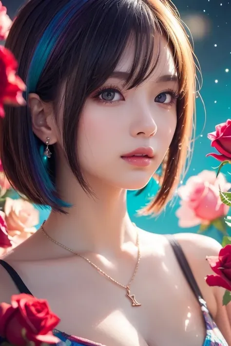 Close-up of a woman with  colorful  hair and necklace,  anime girl 、Cosmic Hair , The gentle vitality of rose roses,  Gouvez style artwork,  Fantasy Art Style ,  colorful ],  vivid fantasy style, Ross draws vibrant cartoons, cosmic and  colorful , Gwaiz,  ...