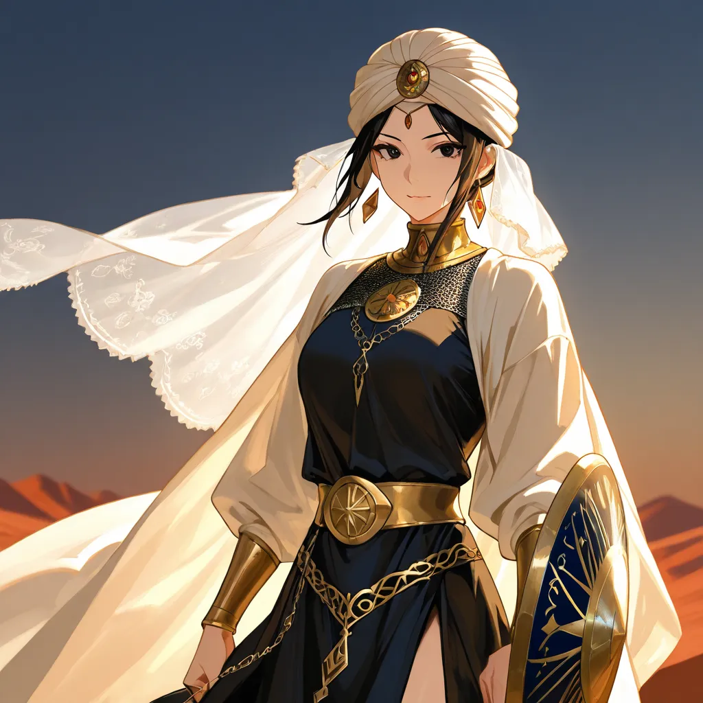 A fierce Arabic warrior princess with warm olive-toned skin and piercing dark eyes. She wears an elegant yet battle-ready outfit—embroidered silk robes over light chainmail, cinched with a golden belt. A turban-like headwrap with a delicate veil partially ...