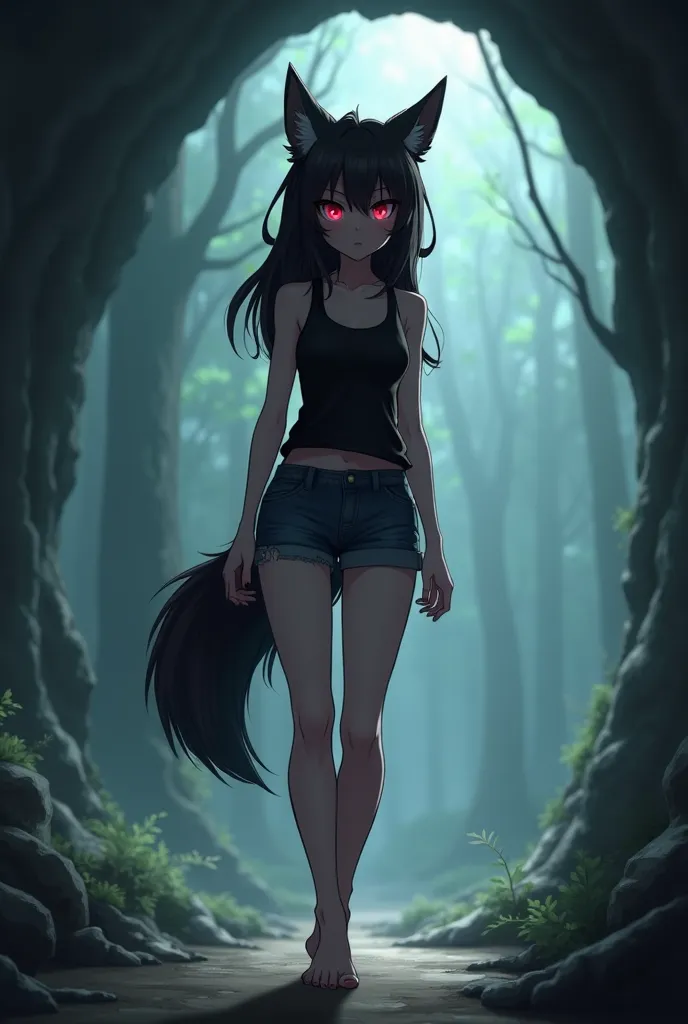 a wolf , piercing red eyes.  developed body.  black tank top, uma short jeans preta , and barefoot. she has limbs and a hairy black tail. she is walking in a village inside a cave, screenshot, anime style 