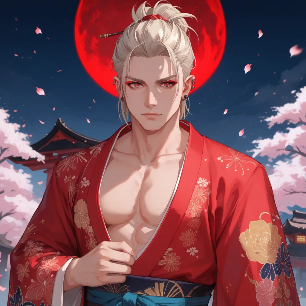 "A solo, tall adult male with long limbs and a stunningly handsome appearance, depicted as an oni (Japanese demon). He has long platinum blonde hair styled in a half-updo, sharp double eyelids, and striking crimson eyes with intricate detailing. His pale s...